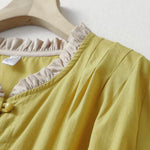 Buddha Stones Summer Casual Button Up Solid Ruffled Collar Cotton Women's Short Sleeve Shirt