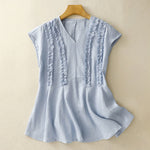 Buddha Stones Summer Casual Solid V-Neck Vertical Ruffle Pleat Women's Sleeveless T-Shirts Tank Top