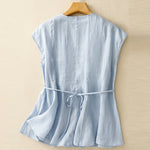 Buddha Stones Summer Casual Solid V-Neck Vertical Ruffle Pleat Women's Sleeveless T-Shirts Tank Top