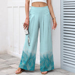 Buddha Stones Cotton Linen Gradient Leaf Pattern Women's Elastic Waist Wide Leg Pants With Pockets