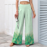 Buddha Stones Cotton Linen Gradient Leaf Pattern Women's Elastic Waist Wide Leg Pants With Pockets