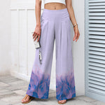 Buddha Stones Cotton Linen Gradient Leaf Pattern Women's Elastic Waist Wide Leg Pants With Pockets