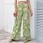 Buddha Stones Cotton Linen Olive Paisley Pattern Women's Elastic Waist Wide Leg Pants With Pockets