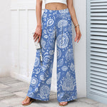 Buddha Stones Cotton Linen Olive Paisley Pattern Women's Elastic Waist Wide Leg Pants With Pockets