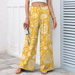 Buddha Stones Cotton Linen Olive Paisley Pattern Women's Elastic Waist Wide Leg Pants With Pockets