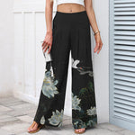 Buddha Stones Cotton Linen Lotus Crane Pattern Women's Elastic Waist Wide Leg Pants With Pockets