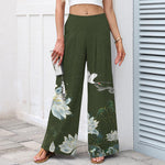 Buddha Stones Cotton Linen Lotus Crane Pattern Women's Elastic Waist Wide Leg Pants With Pockets
