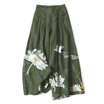 Buddha Stones Cotton Linen Lotus Crane Pattern Women's Elastic Waist Wide Leg Pants With Pockets