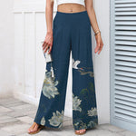Buddha Stones Cotton Linen Lotus Crane Pattern Women's Elastic Waist Wide Leg Pants With Pockets