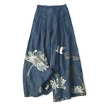 Buddha Stones Cotton Linen Lotus Crane Pattern Women's Elastic Waist Wide Leg Pants With Pockets
