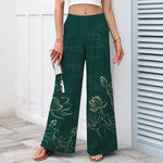 Buddha Stones Cotton Linen Lotus Line Art Pattern Women's Elastic Waist Wide Leg Pants With Pockets
