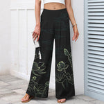 Buddha Stones Cotton Linen Lotus Line Art Pattern Women's Elastic Waist Wide Leg Pants With Pockets