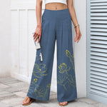 Buddha Stones Cotton Linen Lotus Line Art Pattern Women's Elastic Waist Wide Leg Pants With Pockets