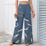 Buddha Stones Cotton Linen Crane Cloud Pattern Women's Elastic Waist Wide Leg Pants With Pockets