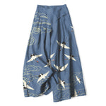 Buddha Stones Cotton Linen Crane Cloud Pattern Women's Elastic Waist Wide Leg Pants With Pockets