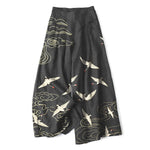 Buddha Stones Cotton Linen Crane Cloud Pattern Women's Elastic Waist Wide Leg Pants With Pockets