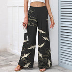 Buddha Stones Cotton Linen Crane Cloud Pattern Women's Elastic Waist Wide Leg Pants With Pockets