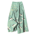 Buddha Stones Cotton Linen Crane Cloud Pattern Women's Elastic Waist Wide Leg Pants With Pockets