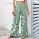 Buddha Stones Cotton Linen Crane Cloud Pattern Women's Elastic Waist Wide Leg Pants With Pockets
