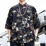 Buddha Stones Summer Tang Style Frog Button Floral Leaves Butterfly Print Men's Elbow-Length Sleeve Shirt With Chest Pocket