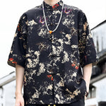 Buddha Stones Summer Tang Style Frog Button Floral Leaves Butterfly Print Men's Elbow-Length Sleeve Shirt With Chest Pocket