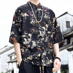 Buddha Stones Summer Tang Style Frog Button Floral Leaves Butterfly Print Men's Elbow-Length Sleeve Shirt With Chest Pocket