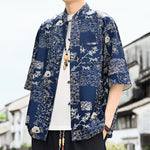 Buddha Stones Summer Tang Style Frog Button Floral Leaves Butterfly Print Men's Elbow-Length Sleeve Shirt With Chest Pocket