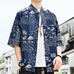 Buddha Stones Summer Tang Style Frog Button Floral Leaves Butterfly Print Men's Elbow-Length Sleeve Shirt With Chest Pocket