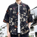 Buddha Stones Summer Tang Style Frog Button Floral Leaves Butterfly Print Men's Elbow-Length Sleeve Shirt With Chest Pocket