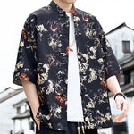 Buddha Stones Summer Tang Style Frog Button Floral Leaves Butterfly Print Men's Elbow-Length Sleeve Shirt With Chest Pocket