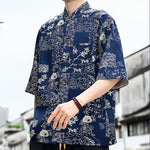 Buddha Stones Summer Tang Style Frog Button Floral Leaves Butterfly Print Men's Elbow-Length Sleeve Shirt With Chest Pocket