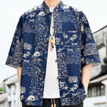 Buddha Stones Summer Tang Style Frog Button Floral Leaves Butterfly Print Men's Elbow-Length Sleeve Shirt With Chest Pocket