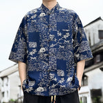 Buddha Stones Summer Tang Style Frog Button Floral Leaves Butterfly Print Men's Elbow-Length Sleeve Shirt With Chest Pocket