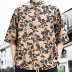 Buddha Stones Summer Tang Style Frog Button Floral Leaves Butterfly Print Men's Elbow-Length Sleeve Shirt With Chest Pocket