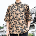 Buddha Stones Summer Tang Style Frog Button Floral Leaves Butterfly Print Men's Elbow-Length Sleeve Shirt With Chest Pocket