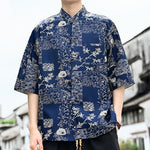 Buddha Stones Summer Tang Style Frog Button Floral Leaves Butterfly Print Men's Elbow-Length Sleeve Shirt With Chest Pocket
