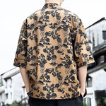 Buddha Stones Summer Tang Style Frog Button Floral Leaves Butterfly Print Men's Elbow-Length Sleeve Shirt With Chest Pocket