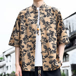 Buddha Stones Summer Tang Style Frog Button Floral Leaves Butterfly Print Men's Elbow-Length Sleeve Shirt With Chest Pocket