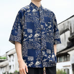 Buddha Stones Summer Tang Style Frog Button Floral Leaves Butterfly Print Men's Elbow-Length Sleeve Shirt With Chest Pocket