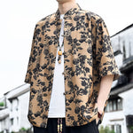 Buddha Stones Summer Tang Style Frog Button Floral Leaves Butterfly Print Men's Elbow-Length Sleeve Shirt With Chest Pocket