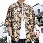 Buddha Stones Summer Tang Style Frog Button Floral Leaves Butterfly Print Men's Elbow-Length Sleeve Shirt With Chest Pocket