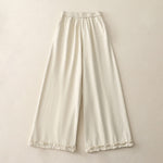 Buddha Stones Spring Casual Solid Cotton Ruffle Hem Women's Wide Leg Pants With Pockets