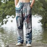 Buddha Stones Cotton Oriental Dragon Wave Pattern Men's Tapered Pants With Pockets