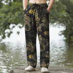 Buddha Stones Cotton Golden Dragon Cloud Pattern Men's Tapered Pants With Pockets