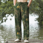 Buddha Stones Cotton Golden Dragon Cloud Pattern Men's Tapered Pants With Pockets