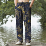 Buddha Stones Cotton Golden Dragon Cloud Pattern Men's Tapered Pants With Pockets