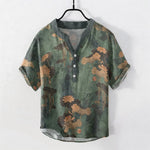 Buddha Stones Cotton Lotus Floral Pattern Men's Short Sleeve Half Button Shirt