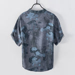 Buddha Stones Cotton Lotus Floral Pattern Men's Short Sleeve Half Button Shirt
