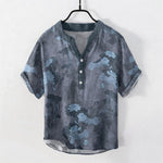 Buddha Stones Cotton Lotus Floral Pattern Men's Short Sleeve Half Button Shirt