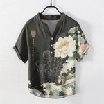 Buddha Stones Cotton Lotus Wave Pattern Men's Short Sleeve Half Button Shirt